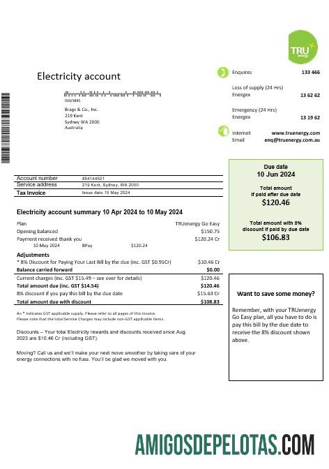 Para baixar modelo de conta de serviços públicos de eletricidade da Austrália Tru Energy em formato Word e PDF